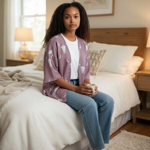 Pink Rose Women’s Mauve Open Cardigan Wrap Duster Cow Skull Southwestern